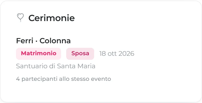 In primo piano, dalla scheda cliente: il matrimonio Ferri · Colonna, con il ruolo di sposa e quattro partecipanti allo stesso evento.