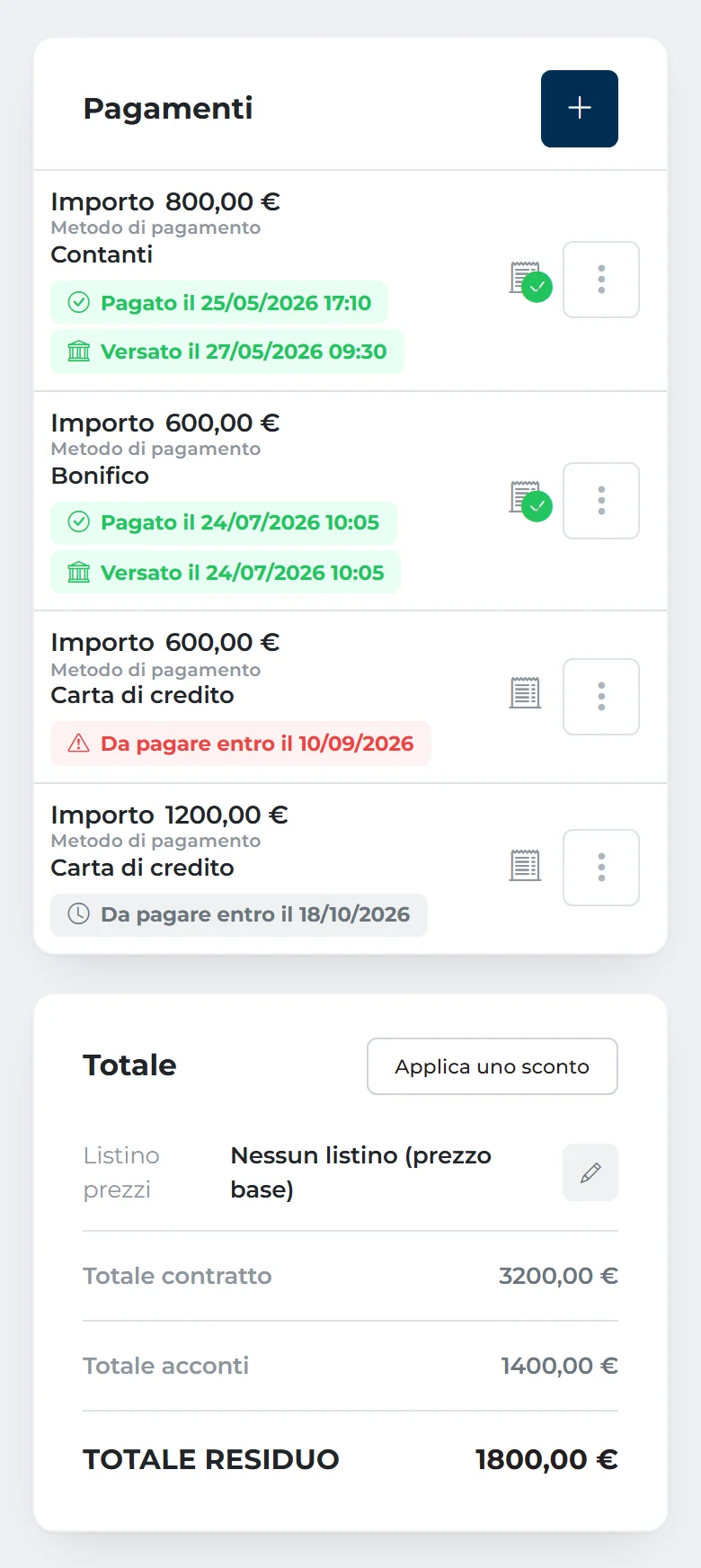 I pagamenti di un contratto sul telefono: due acconti pagati e versati, una rata scaduta in rosso, una da pagare entro la data del matrimonio; in fondo totale del contratto 3200 euro, acconti 1400, residuo 1800.